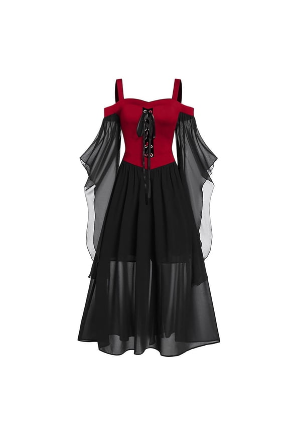 Halloween Costume Womens Gothic Witch Medieval Dress Plus Size Renaissance Cosplay Vintage Maxi Dress Long Sleeve Splicing Solid Retro Gown Button Irregular Dress Black Red L
