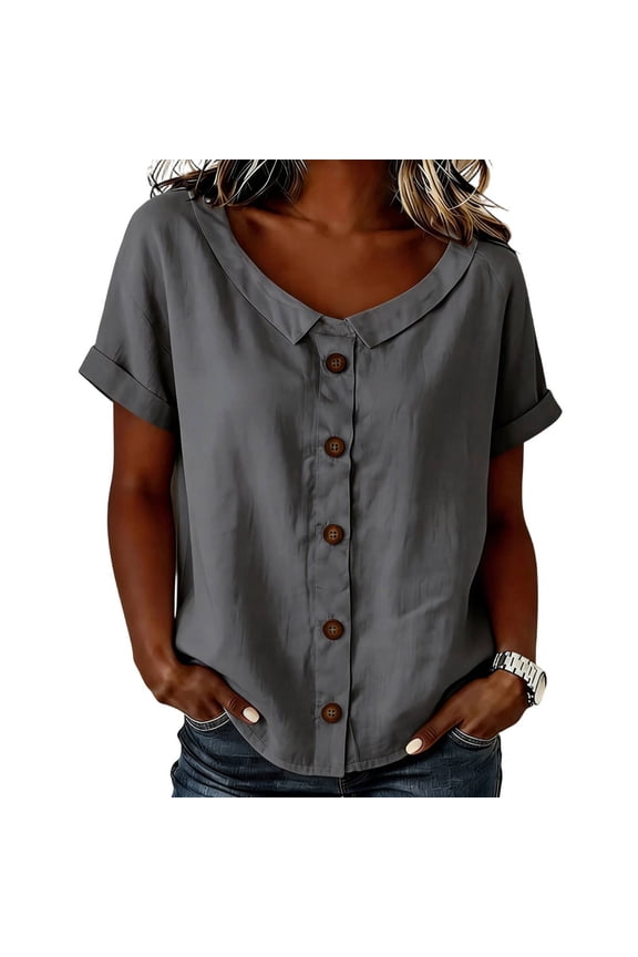 Ladies Round Notch Collar Wooden Button Front Tops Cuffed Short Sleeve Daily Wear Relaxed Fit Blouses L