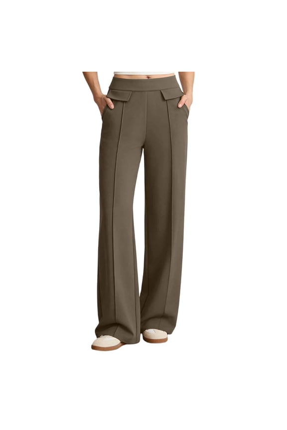 Ladies' Solid Color Casual Elastic High Waisted Straight Leg Pants With A Hanging Feeling Long And Wide Legs L