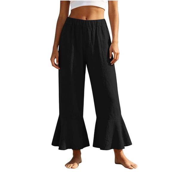 Jerdar Linen Pants Women Summer Casual Loose Wide Leg Drawstring Elastic Waist Ruffle Hem Capri Pants with Pockets XL