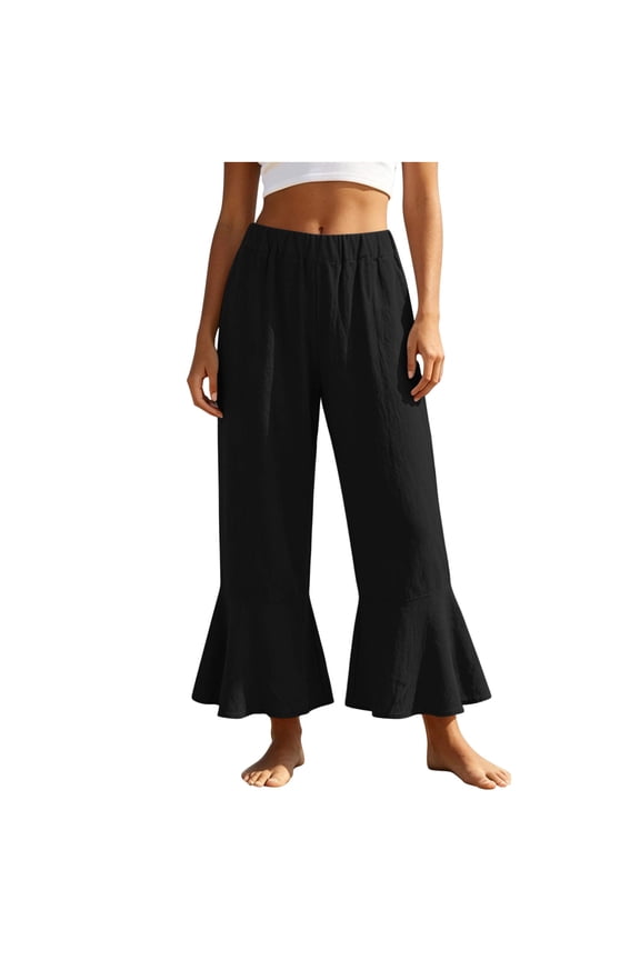 Linen Pants Women Summer Casual Loose Wide Leg Drawstring Elastic Waist Ruffle Hem Capri Pants with Pockets XL