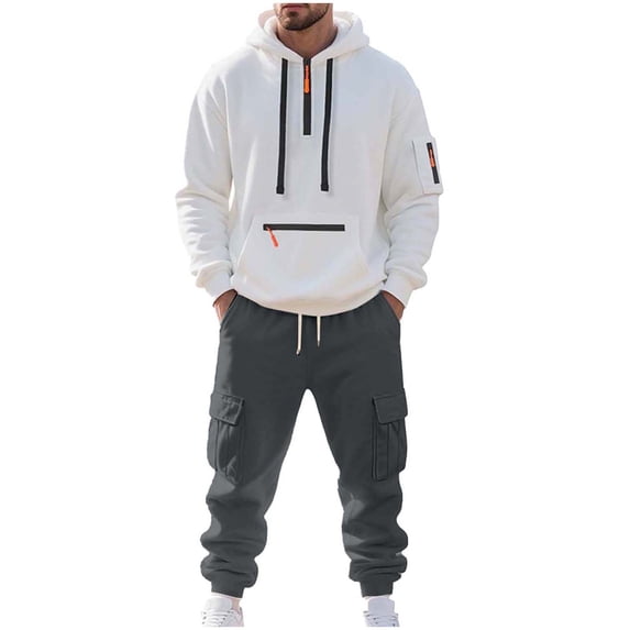 Jerdar Man Style Solid Color Casual Fashion Zipper Pocket Hooded Long Sleeves Shirt Drawstring Waist Workwear Long Pants Sets Classic Casual Set