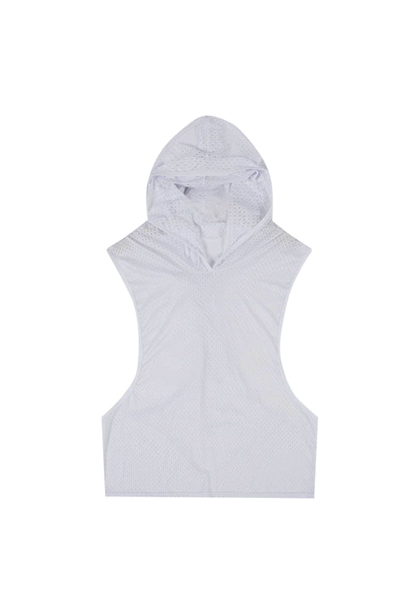 Men Mesh Fishnet Tank Top Sleeveless Drawstring Hoodie Shirt Sheer Muscle Top Rave Clubwear