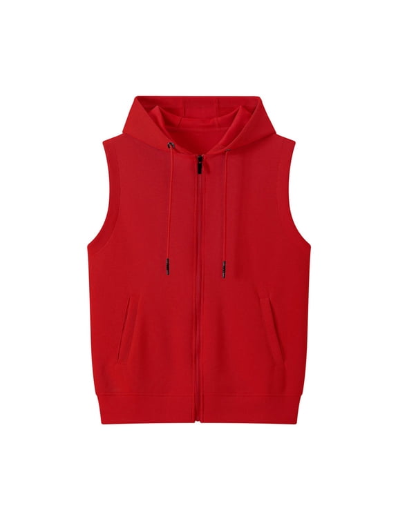 Men Solid-Color Convenient Outdoor Zipper Drawstring Pocket Sleeveless Hooded Blouse