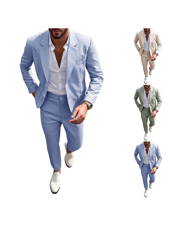 Men's 2 PC Suit Set Lapel Blazer Jacket & Dress Pants Solid Color Polyester Spring Summer Slim Fit Business Wedding Party Formal Dinner Casual Suit Outfit