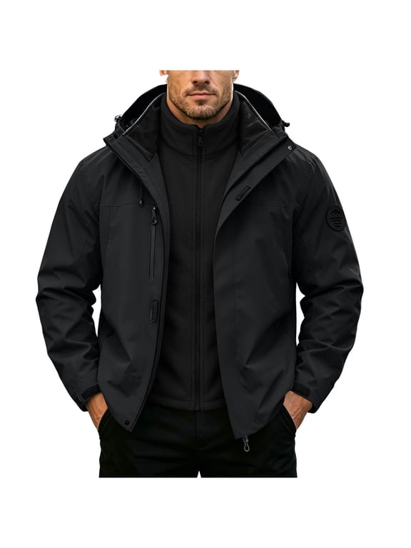 Men's 3-in-1 Waterproof Windproof Hooded Jacket, Detachable Fleece Liner Outdoor Shell Coat, Polyester Blend Multi Zip Pocket Hiking Outerwear