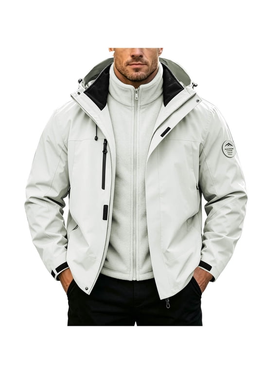 Men's 3-in-1 Waterproof Windproof Hooded Jacket, Detachable Fleece Liner Outdoor Shell Coat, Polyester Blend Multi Zip Pocket Hiking Outerwear