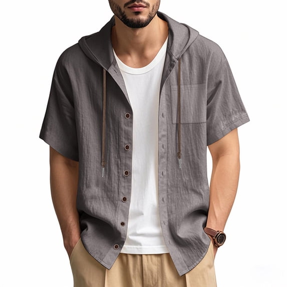 Jerdar Men's Cotton Linen Shirts Short Sleeve Casual Sweatshirts Button Down Summer Beach Shirts with Hoodies