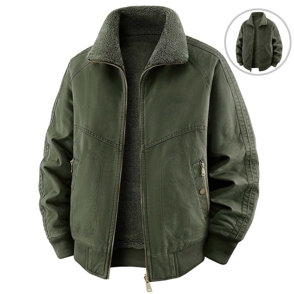 Jerdar Men's Cotton Sherpa Collar Washed Jacket, Loose Fit Thickened Winter Coat with Multi‑Pockets, Casual Outdoor Outerwear Winter Jackets