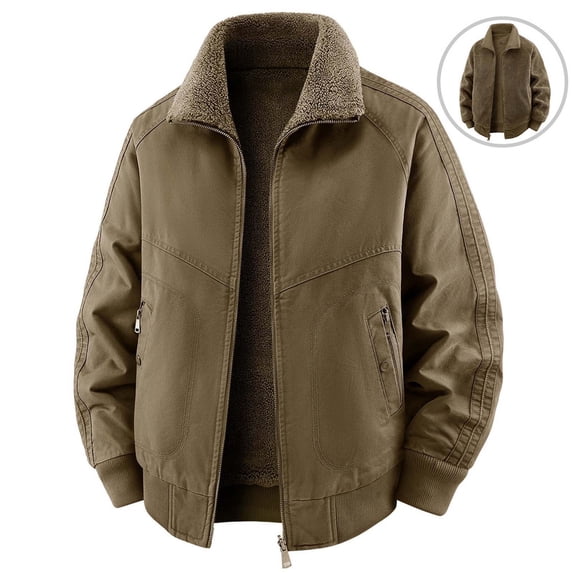 Jerdar Men's Cotton Sherpa Collar Washed Jacket, Loose Fit Thickened Winter Coat with Multi‑Pockets, Casual Outdoor Outerwear Winter Jackets