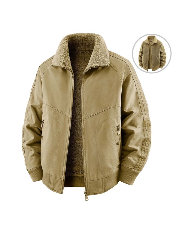 Men's Cotton Sherpa Collar Washed Jacket, Loose Fit Thickened Winter Coat with Multi‑Pockets, Casual Outdoor Outerwear Winter Jackets