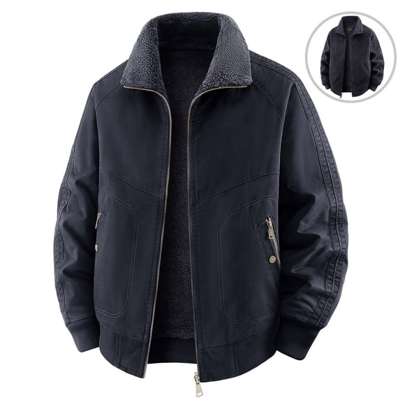 Jerdar Men's Cotton Sherpa Collar Washed Jacket, Loose Fit Thickened Winter Coat with Multi‑Pockets, Casual Outdoor Outerwear Winter Jackets