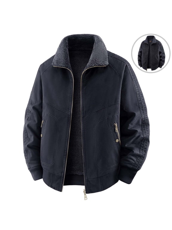Men's Cotton Sherpa Collar Washed Jacket, Loose Fit Thickened Winter Coat with Multi‑Pockets, Casual Outdoor Outerwear Winter Jackets