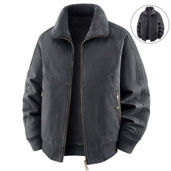Jerdar Men's Cotton Sherpa Collar Washed Jacket, Loose Fit Thickened Winter Coat with Multi‑Pockets, Casual Outdoor Outerwear Winter Jackets