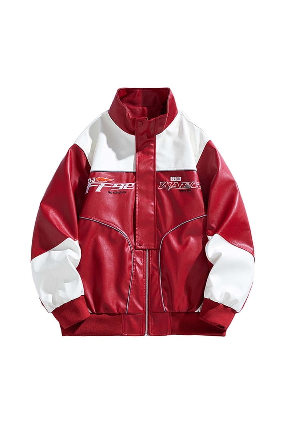 Men's Faux Leather Jacket Stand Collar Embroidered Colorblock Patchwork Moto Biker Full Zip Button Pockets PU Vegan Long Sleeve Casual Motorcycle Coat