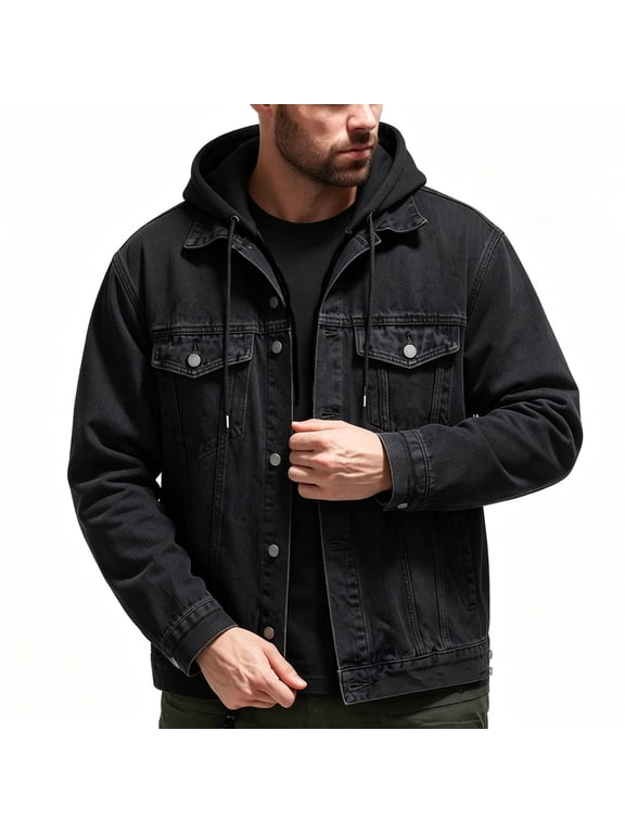 Men's Faux Two Piece Hooded Denim Trucker Jacket Lapel Collar Button Flap Pockets Washed Long Sleeve Loose Fit Vintage Casual Fall Winter Streetwear Jean Outerwear Coat Top