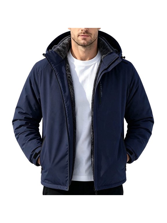 Men's Fleece Lined Hooded Softshell Jacket, Water Resistant Windproof Multi Pocket Outdoor Hiking Coat, Polyester Winter Casual Outerwear Workout Jackets for Men