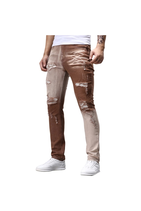 Men's Full-length Multi Pocket Personalized Casual Matching with Ripped European andColor Slim Jeans