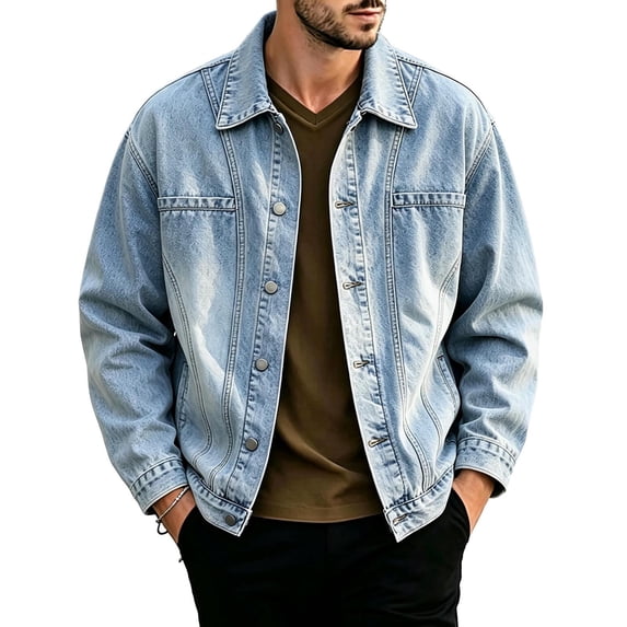 Jerdar Men's Gradient Washed Denim Trucker Jacket Lapel Collar Button Patch Pockets Long Sleeve No Hood Loose Fit Vintage Faded Casual Fall Winter Jean Outerwear Coat Top
