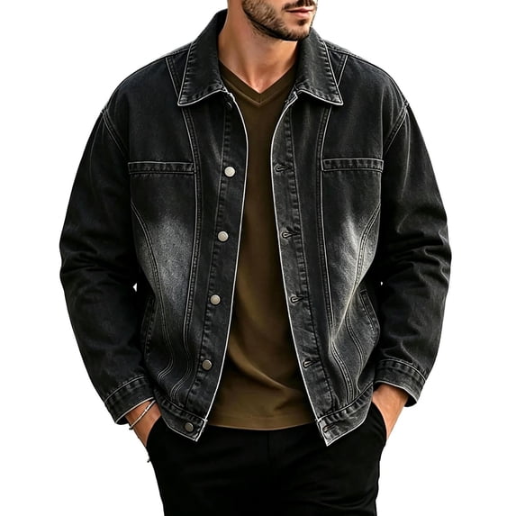 Jerdar Men's Gradient Washed Denim Trucker Jacket Lapel Collar Button Patch Pockets Long Sleeve No Hood Loose Fit Vintage Faded Casual Fall Winter Jean Outerwear Coat Top