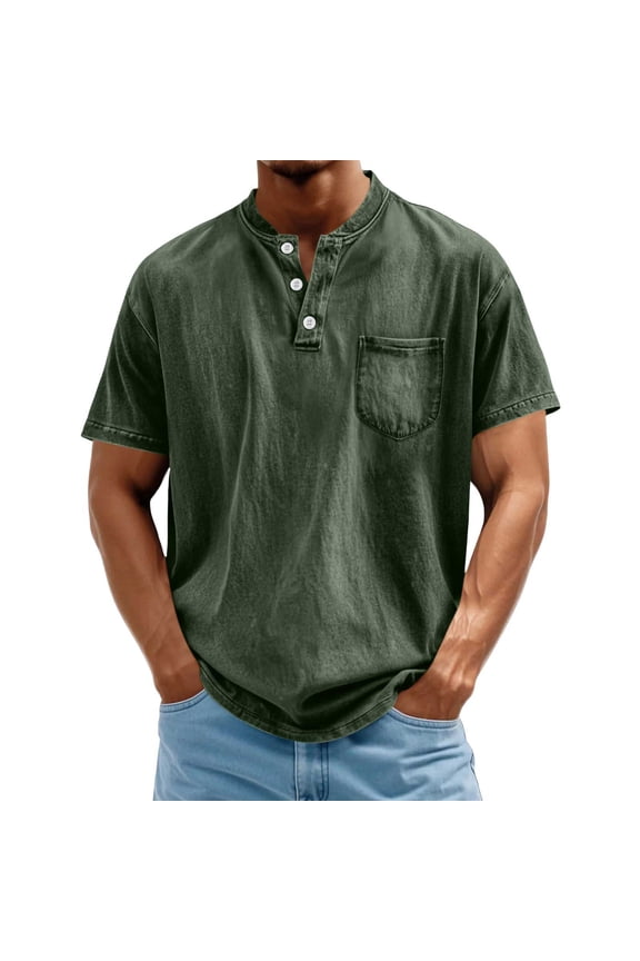 Men's Henley Shirt 100% Cotton Acid Wash Tee Short Sleeve Solid Retro Vintage Style Washed Henley Casual T-Shirt