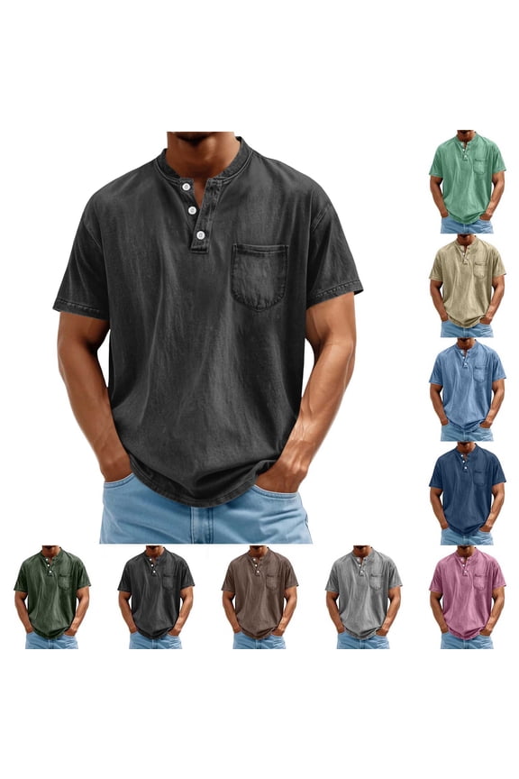Men's Henley Shirt 100% Cotton Acid Wash Tee Short Sleeve Solid Retro Vintage Style Washed Henley Casual T-Shirt