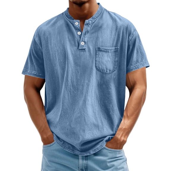 Jerdar Men's Henley Shirt 100% Cotton Acid Wash Tee Short Sleeve Solid Retro Vintage Style Washed Henley Casual T-Shirt