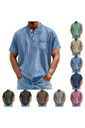 Men's Henley Shirt 100% Cotton Acid Wash Tee Short Sleeve Solid Retro Vintage Style Washed Henley Casual T-Shirt