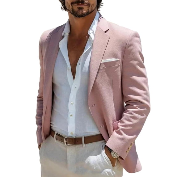 Jerdar Men's Linen Blazer Jacket Lapel Collar Two Button Single Breasted Solid Color Slim Fit Long Sleeve Spring Summer Casual Business Wedding Lightweight Breathable Sport Coat Top