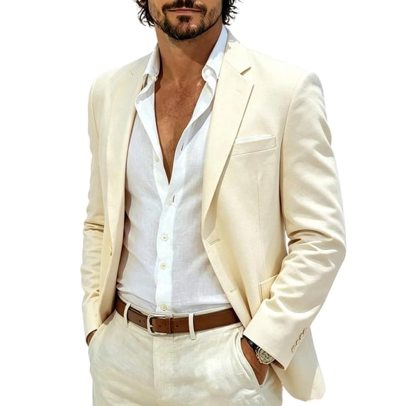 Jerdar Men's Linen Blazer Jacket Lapel Collar Two Button Single Breasted Solid Color Slim Fit Long Sleeve Spring Summer Casual Business Wedding Lightweight Breathable Sport Coat Top