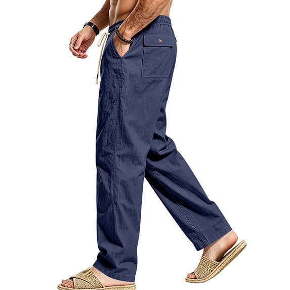 Jerdar Men's Linen Pants Elastic Waist Drawstring Multi Pockets Straight Leg Solid Color Lightweight Breathable Casual Summer Beach Vacation Trousers