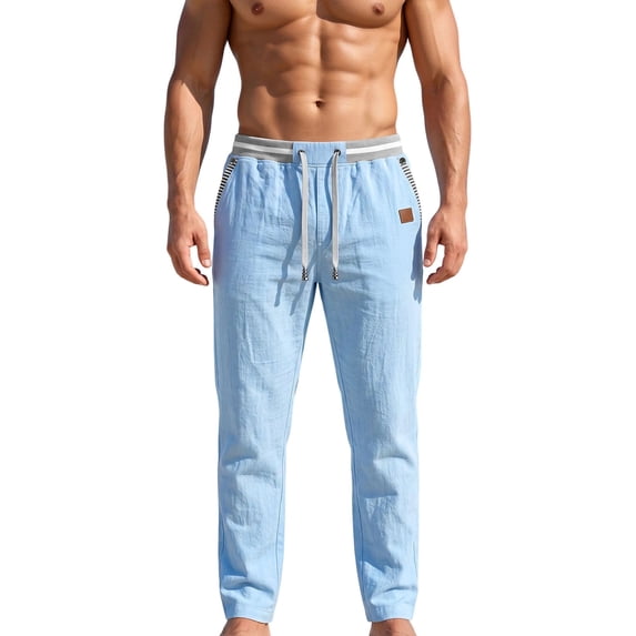 Jerdar Men's Linen Pants Elastic Waist Drawstring Pockets Solid Color Outdoor Casual Lightweight Breathable Summer Beach Hiking Loose Fit Trousers