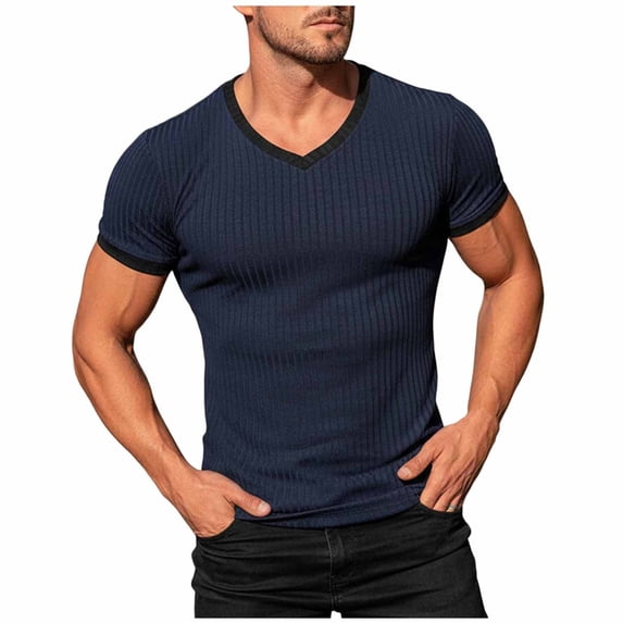 Jerdar Men's Muscle T Shirts Stretch Short Sleeve V Neck Bodybuilding Workout Tee Shirts Ribbed Knit Shirt Tops for Men Trendy Summer