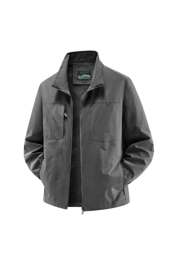 Men's Nylon Jacket No Hood Lightweight Thin Zip Pockets Solid Color Long Sleeve Athletic Outdoor Casual Commute Windbreaker Coat Outerwear