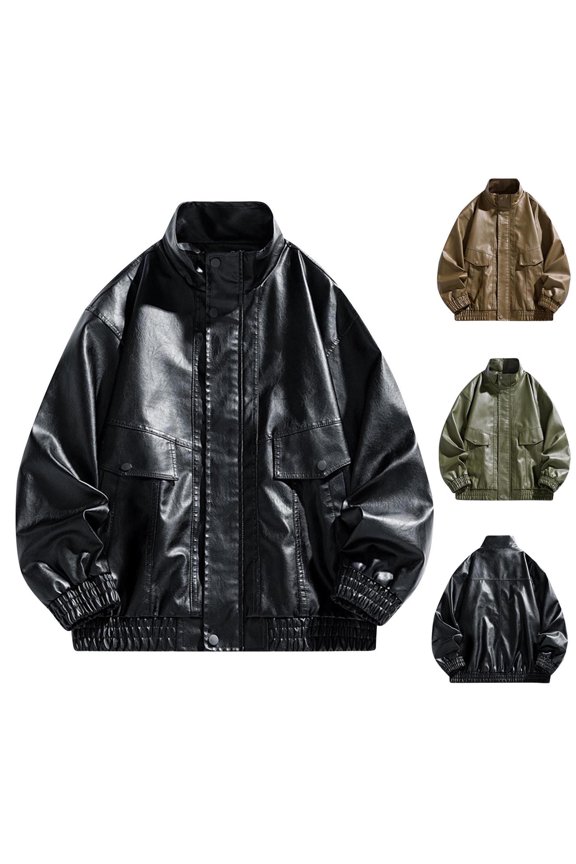 Men's PU Leather Jacket Moto Biker Vintage Retro Zip Pockets Solid Color Long Sleeve No Hood Full Zip Up Casual Classic Windproof Coat Outerwear Bomber Jacket Men