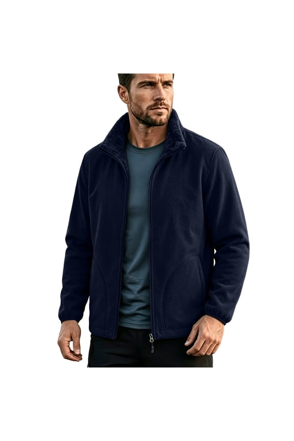 Men's Reversible Sherpa Fleece Jacket Stand Collar Full Zip Up Double Sided Polyester Blend Solid Color Long Sleeve Warm Winter Casual Coat Outerwear