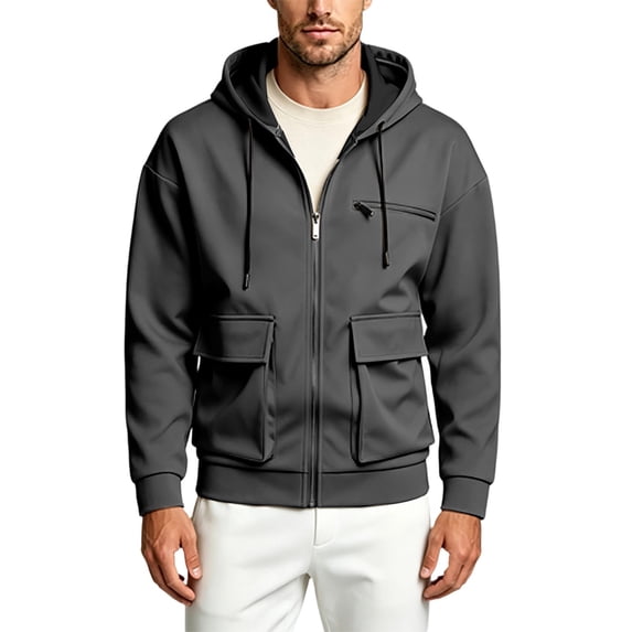 Jerdar Men's Solid Color Loose Casual Multi-Pocket Hooded Full Zip Long Sleeve Jacket Outdoor Jacket Men