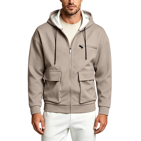 Jerdar Men's Solid Color Loose Casual Multi-Pocket Hooded Full Zip Long Sleeve Jacket Outdoor Jacket Men