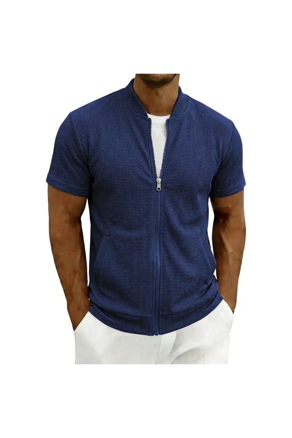 Men's Solid Color Short Sleeve Stand-Up Collar Zipper Casual Sport Jacket Outerwear Top Comfort Colors T-shirts
