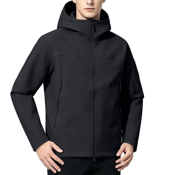 Jerdar Men's Solid Softshell Hooded Windproof Jacket, Full Zip Multi Zipper Pocket Outdoor Coat, Polyester Blend Casual Commuter Long Sleeve Outerwear