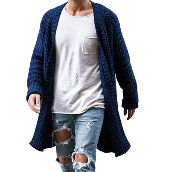 Jerdar Men's Solid V‑Neck Open Front Long Knit Cardigan, Long Sleeve Loose Fit Textured Knitted Sweater Coat with Pockets for Fall Winter Casual Wear