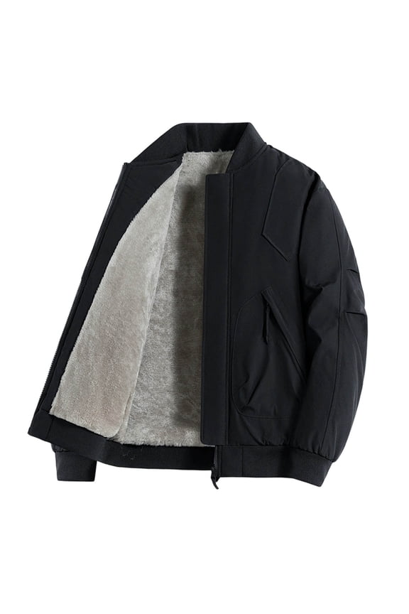 Men's Stand Collar Jacket Windproof Full Zip Up Thickened Warm Polyester Solid Color Long Sleeve Fall Winter Casual Work Heavy Coat Outerwear