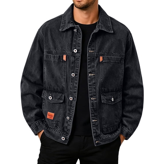 Jerdar Men's Washed Denim Jacket Lapel Collar Button Down Multi Patch Pockets Cotton Loose Fit Long Sleeve No Hood Vintage Casual Fall Winter Trucker Outerwear Coat Top