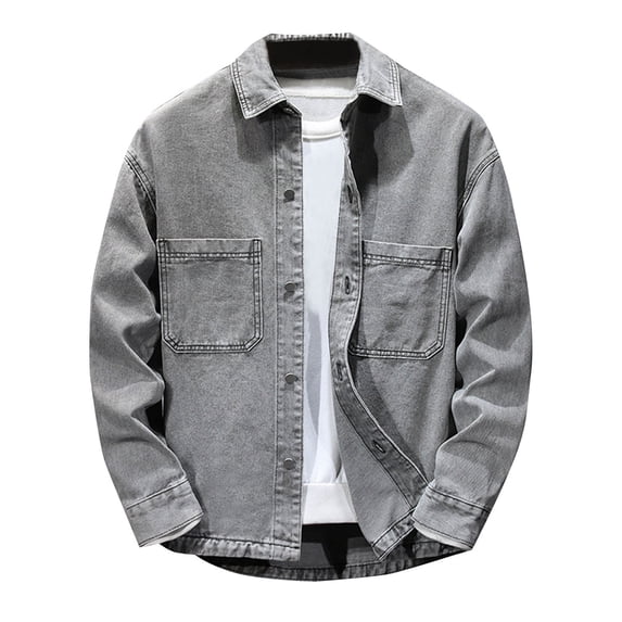 Jerdar Men's Washed Denim Shirt Jacket Point Collar Button Down Dual Patch Pockets Long Sleeve No Hood Loose Fit Vintage Casual Spring Fall Shacket Outerwear Coat Top