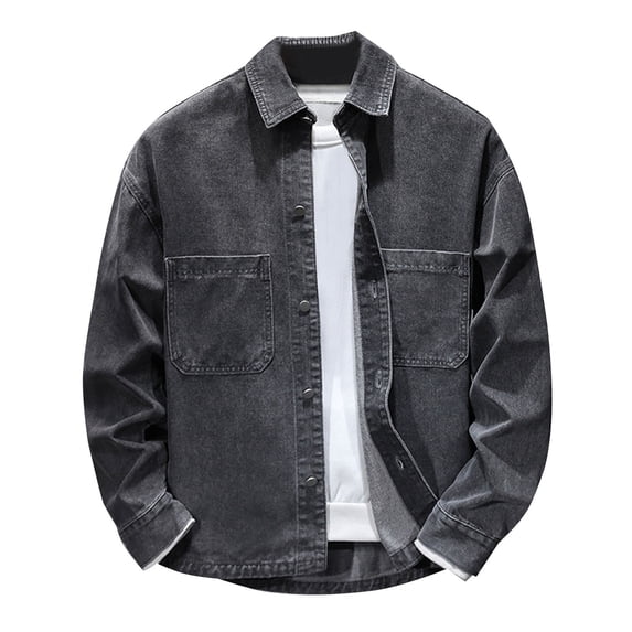 Jerdar Men's Washed Denim Shirt Jacket Point Collar Button Down Dual Patch Pockets Long Sleeve No Hood Loose Fit Vintage Casual Spring Fall Shacket Outerwear Coat Top