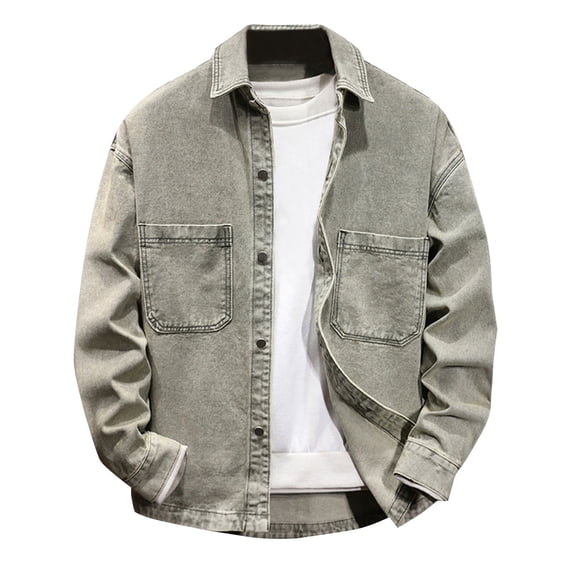 Jerdar Men's Washed Denim Shirt Jacket Point Collar Button Down Dual Patch Pockets Long Sleeve No Hood Loose Fit Vintage Casual Spring Fall Shacket Outerwear Coat Top