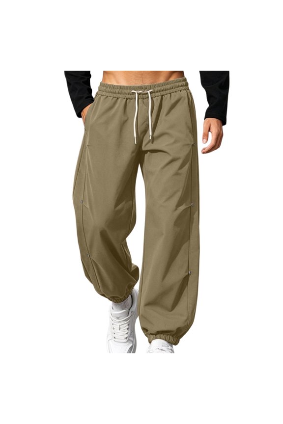 Men's Wide Leg Cargo Pants Elastic Waist Drawstring Multi Zip Pockets Polyester Blend Streetwear Urban Fall Winter Casual Utility Work Trousers Comfortable Pants for Men