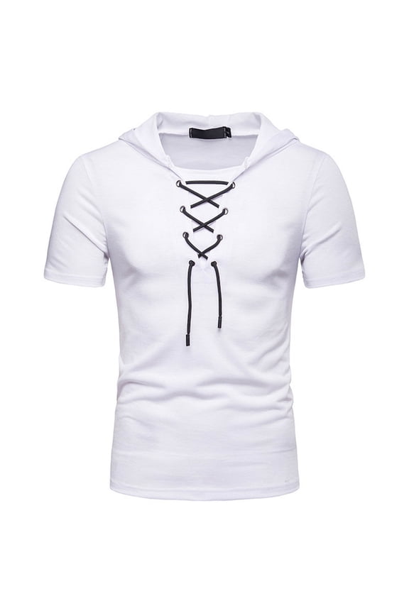 Mens Casual Cotton Lace Up T-Shirts Retro V-Neck Hoodie Short Sleeve Outdoor Sports Hooded Pullover Tee