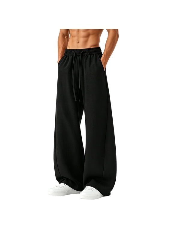 Mens Pleated Wide Leg Old Money Baggy Pants Casual Zipper Fly Pants Elastic Waist Loose Fit Fall Long Trousers with Pockets