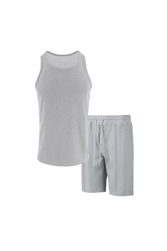 Mens Sleeveless Tank Tops Workout Muscle Gym Ribbed Shirt Athletic Moisture Wicking T Shirts Drawstring Waist Short Pants Sets